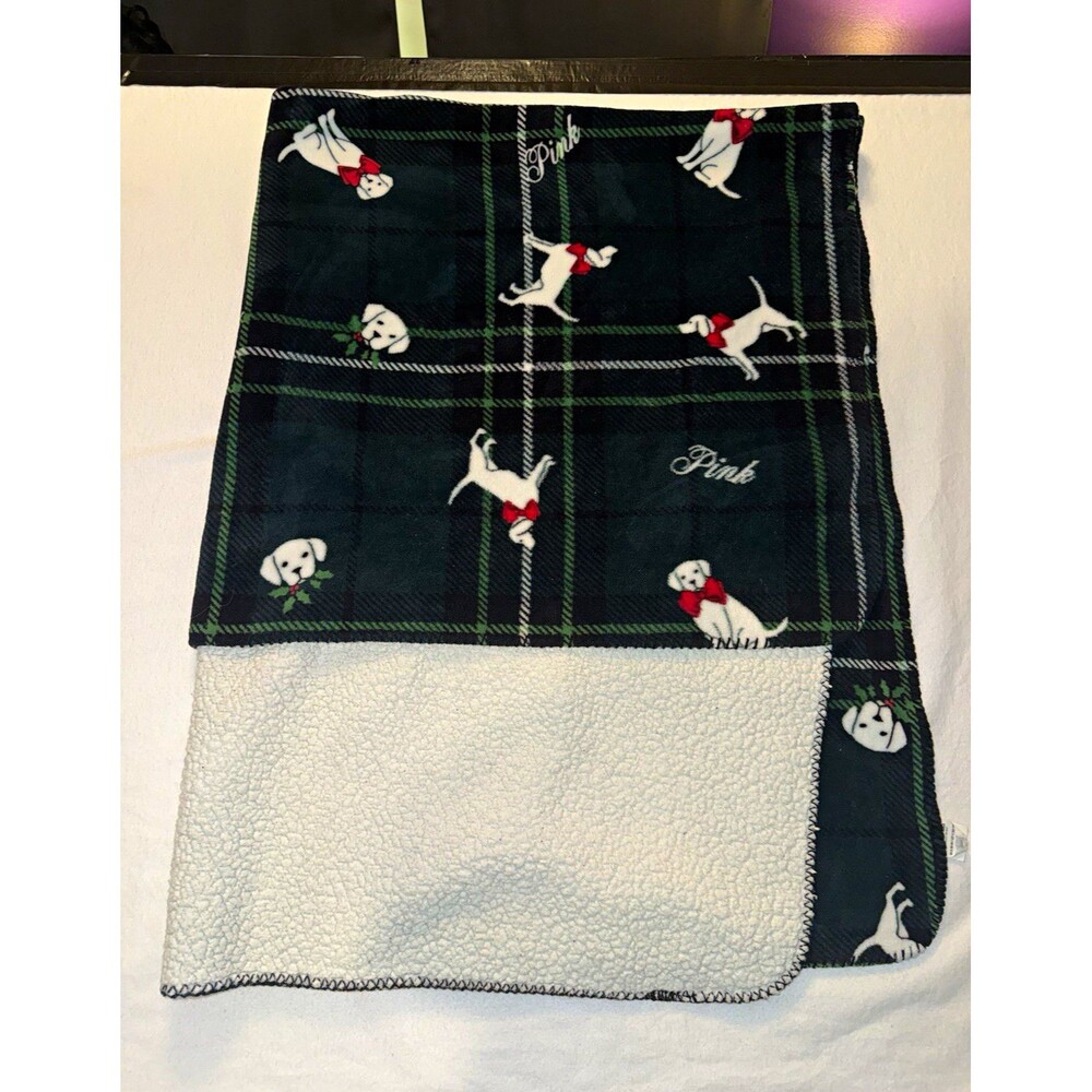 PINK Victoria's Secret Reversible Plaid Dogs Throw Blanket 50 x 60 in